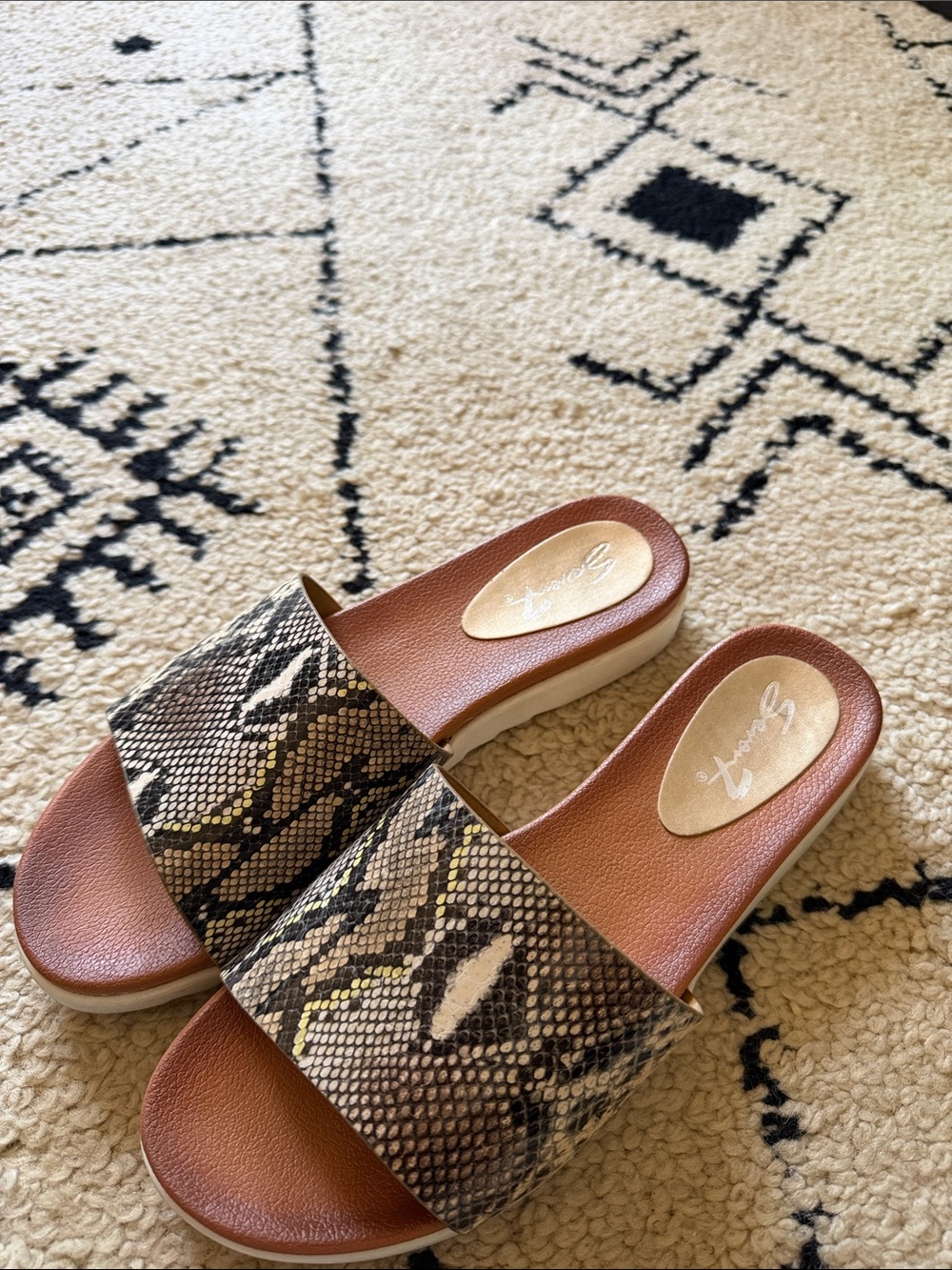 Seven7 Snake-Print Slide Mules in Brown, Cream and Black